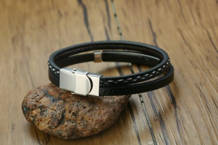 WM-B322 - Black Genuine Leather | 316 Stainless Steel Bracelet