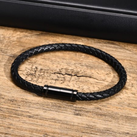 WM-B390 - Black Genuine Leather | 316 Stainless Steel Bracelet