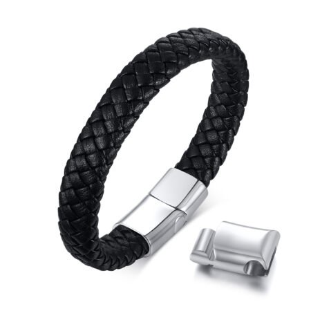WM-B396 - Black Genuine Leather | 316 Stainless Steel Bracelet