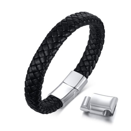 WM-B396 - Black Genuine Leather | 316 Stainless Steel Bracelet